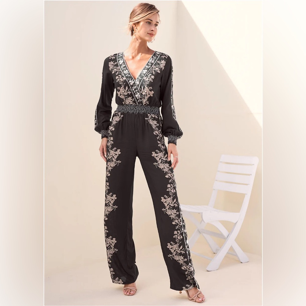 VENUS Black and Cream Embellished Wide Leg Jumpsuit with Bishop Sleeves